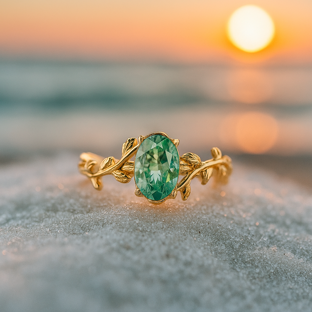 Emerald Wind – Guld ring med grön agat och lövmotiv